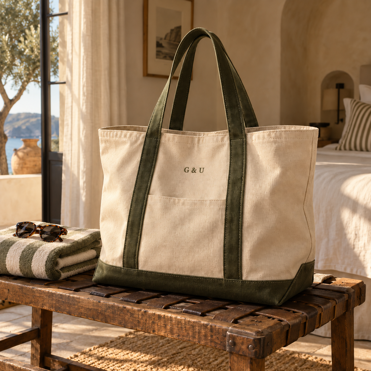 A custom G & U hotel tote displayed in a Mediterranean boutique hotel